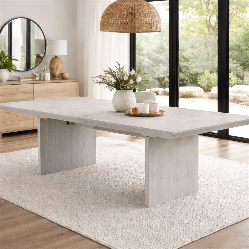 Diaz 72-90 Inch Extendable Dining Table-Glass and Light Gray Wood