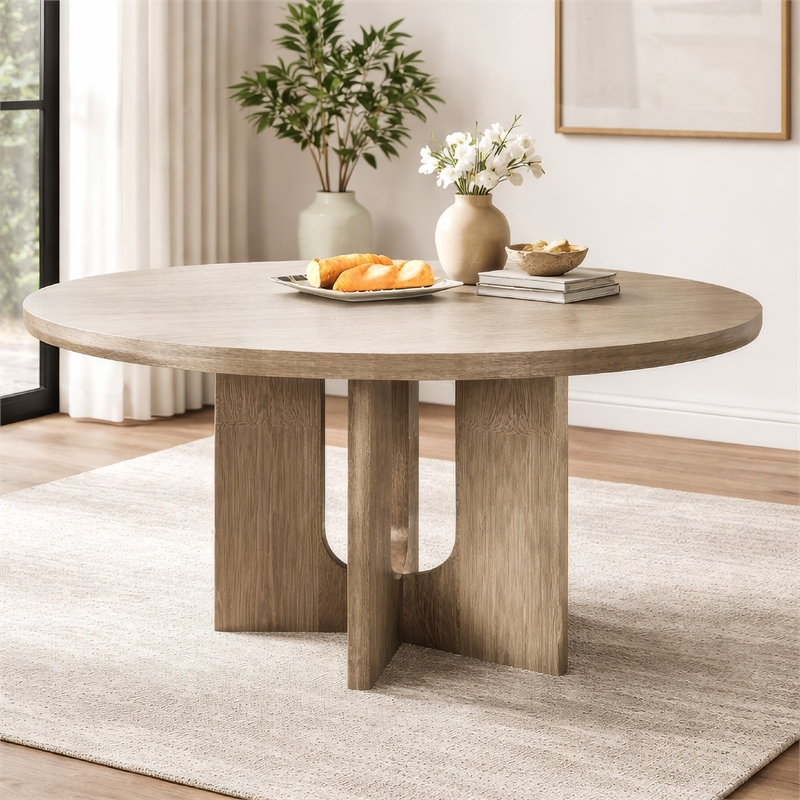 Zoko 54 Inch Round Dining Table-Pedestal Base-White Wash Solid Wood