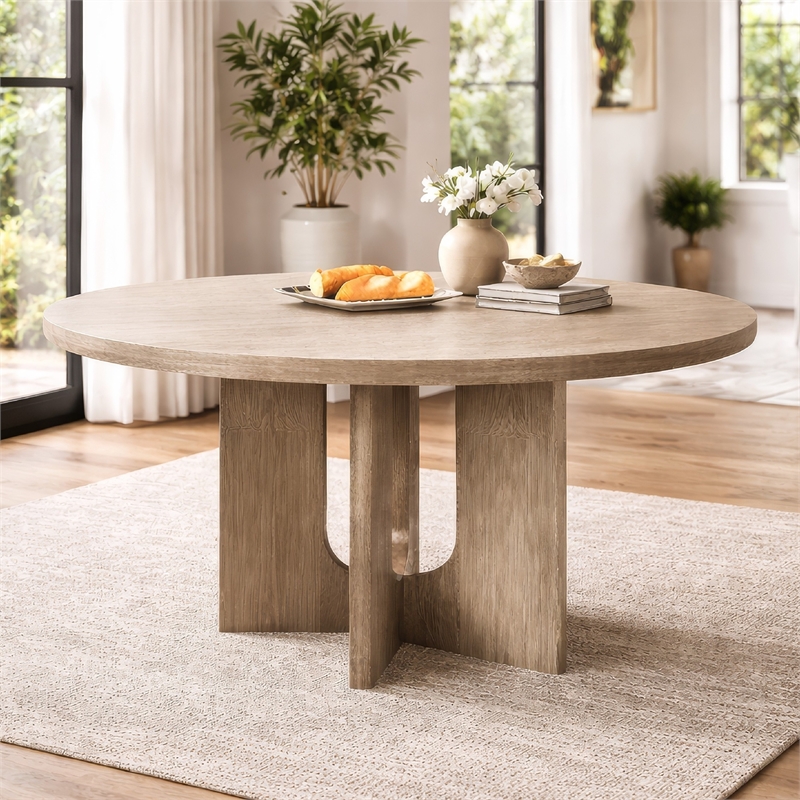 Zoko 54 Inch Round Dining Table-Pedestal Base-White Wash Solid Wood