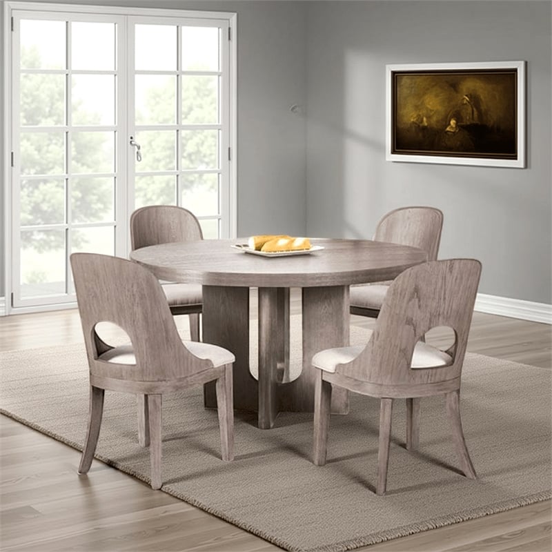 Zoko 54 Inch Round Dining Table-Pedestal Base-White Wash Solid Wood