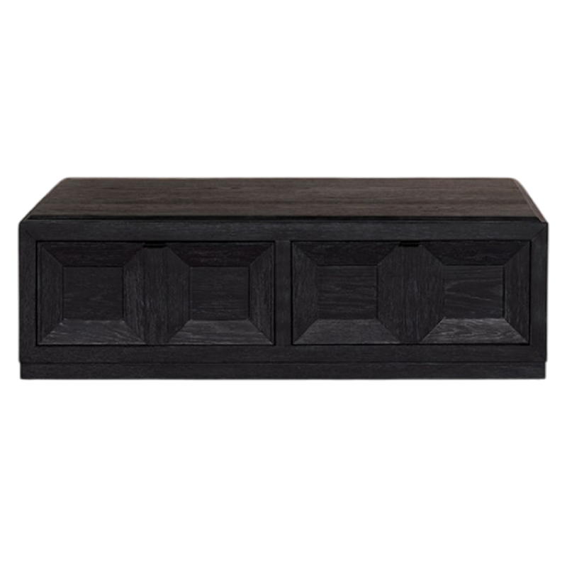 Kizie Coffee Table-Drawers-Caster Wheels-Black Rubberwood-54 Inch