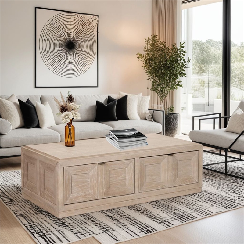 Kizie Coffee Table-2 Drawers-Wheels-Tawny Brown Wood-54 Inch