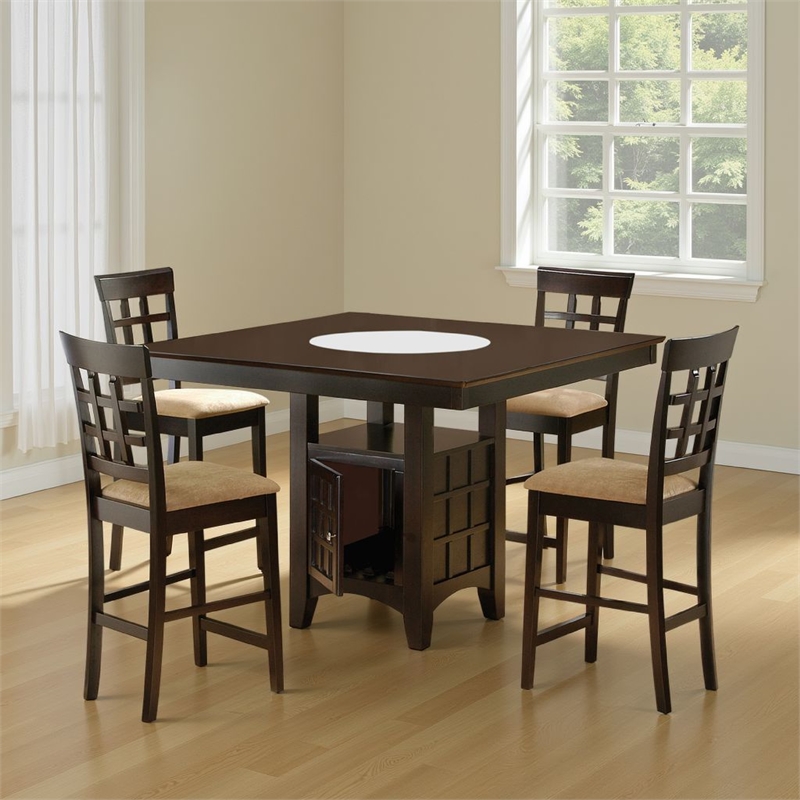 uric counter height dining table w wine storage-4 lattice chairs-brown