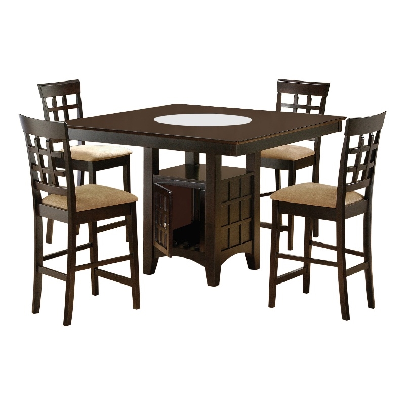uric counter height dining table w wine storage-4 lattice chairs-brown
