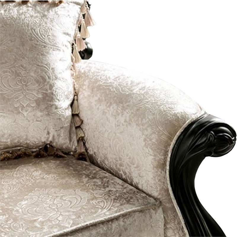 Paulo Sofa- Off White Fabric- Carved Details- Black Solid Wood- 85 Inch