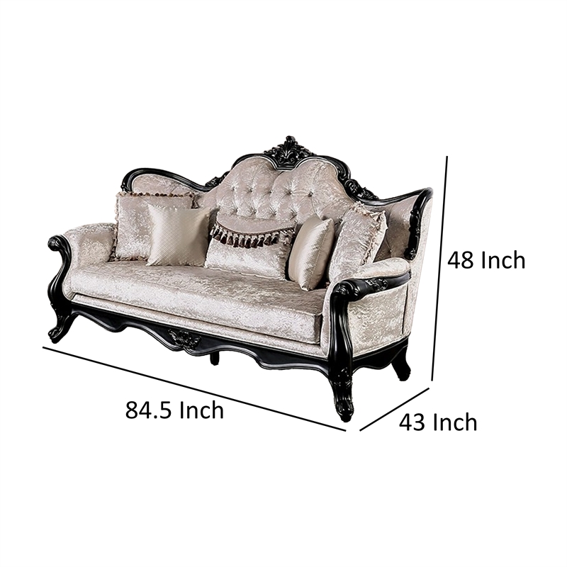 Paulo Sofa- Off White Fabric- Carved Details- Black Solid Wood- 85 Inch