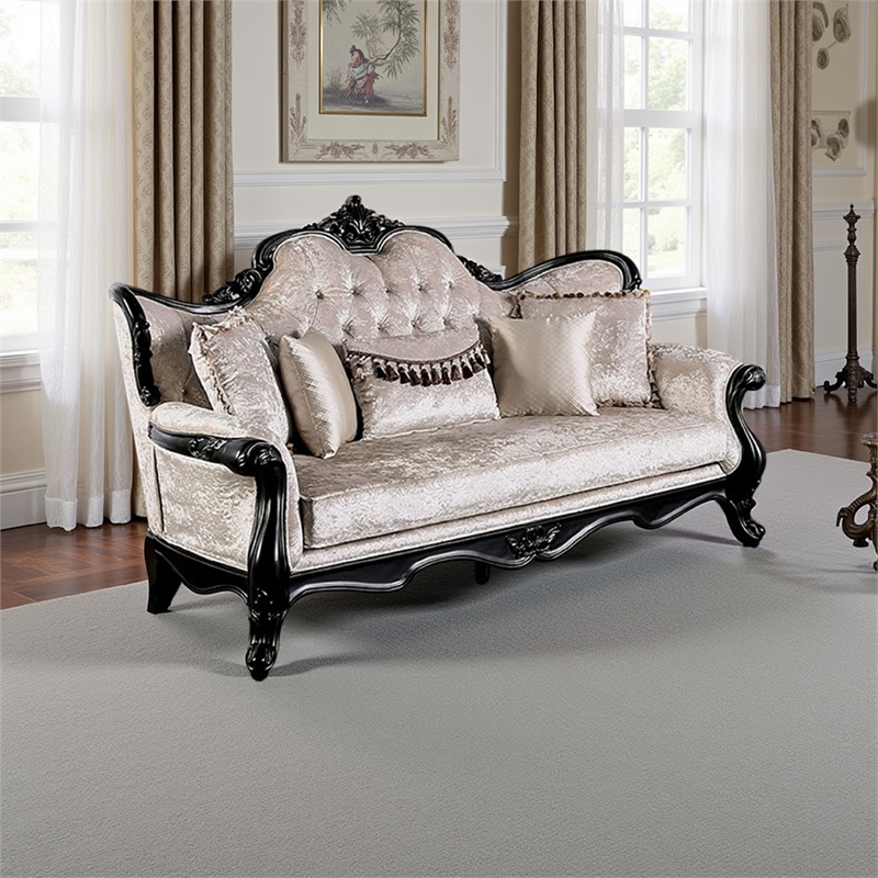 Paulo Sofa- Off White Fabric- Carved Details- Black Solid Wood- 85 Inch