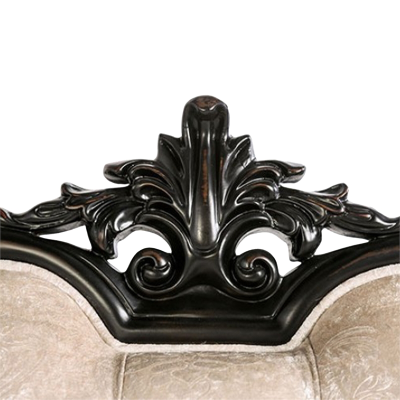 Paulo Sofa- Off White Fabric- Carved Details- Black Solid Wood- 85 Inch