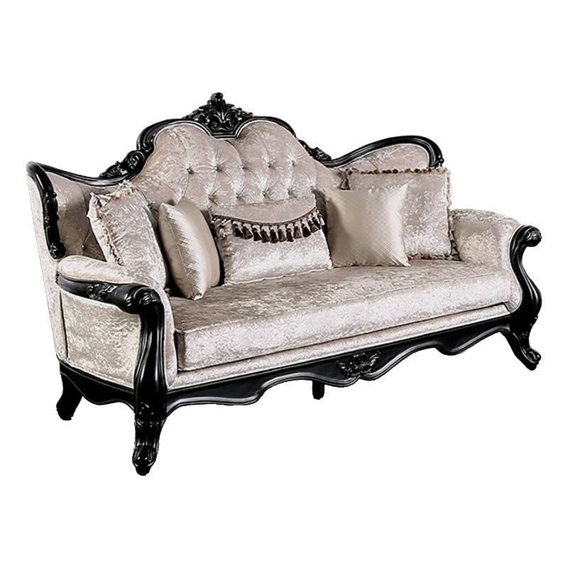 Paulo Sofa- Off White Fabric- Carved Details- Black Solid Wood- 85 Inch