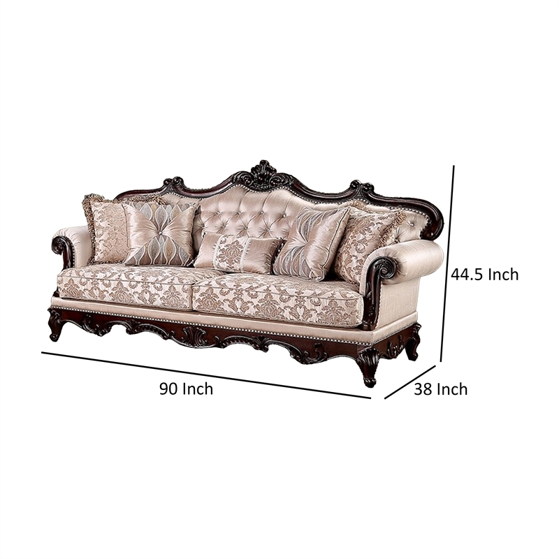 Vera 90 Inch Sofa- Button Tufted- Rolled Arms- Cherry Brown Solid Wood