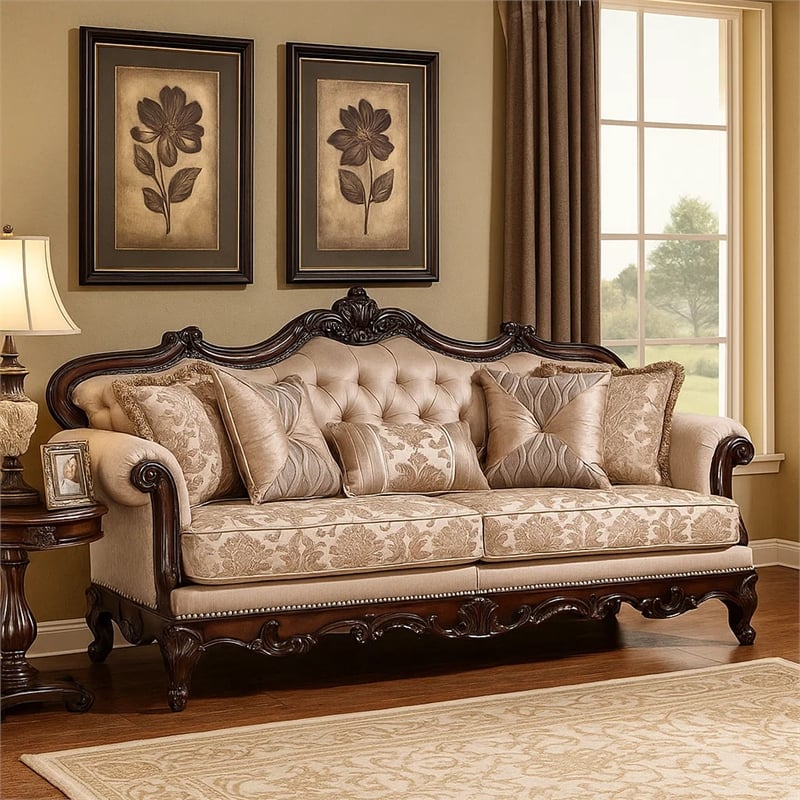 Vera 90 Inch Sofa- Button Tufted- Rolled Arms- Cherry Brown Solid Wood