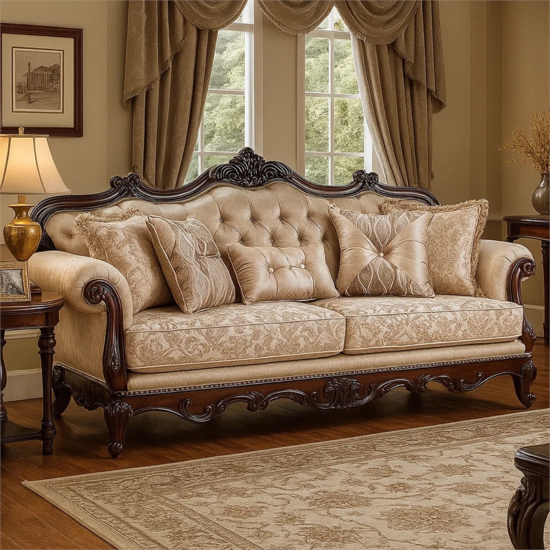 Vera 90 Inch Sofa- Button Tufted- Rolled Arms- Cherry Brown Solid Wood