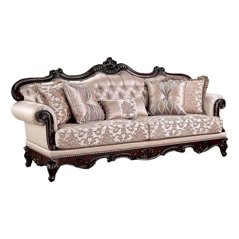 Vera 90 Inch Sofa- Button Tufted- Rolled Arms- Cherry Brown Solid Wood