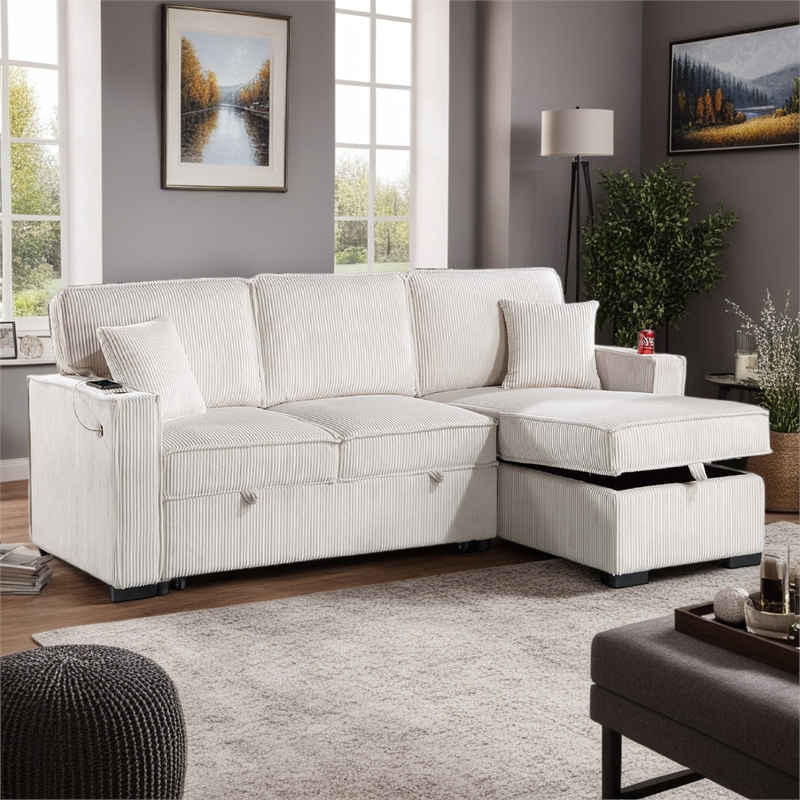 Foi Convertible Sectional Sofa with Reversible Chaise- Beige Corduroy