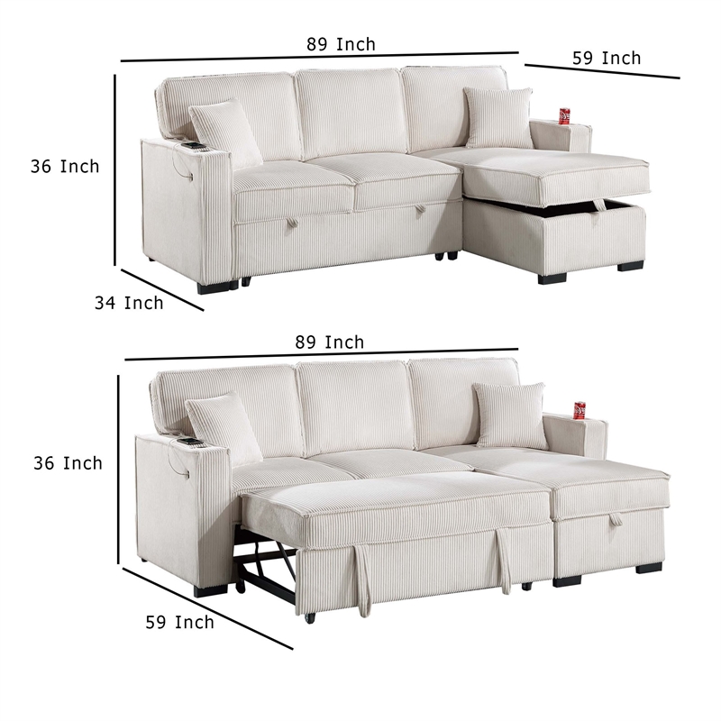 Foi Convertible Sectional Sofa with Reversible Chaise- Beige Corduroy