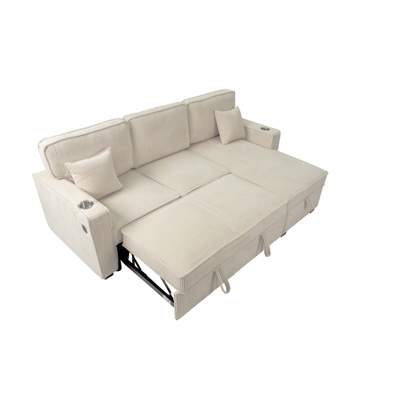 Foi Convertible Sectional Sofa with Reversible Chaise- Beige Corduroy