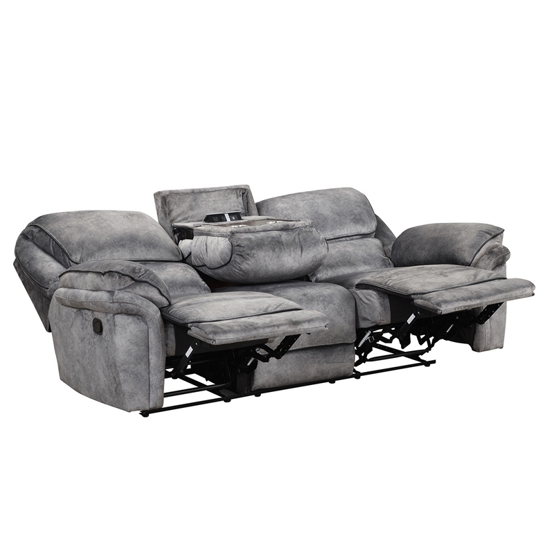Remma Manual Recliner Sofa- Gray Faux Leather- Drop Table and Cupholders