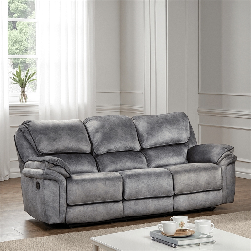 Remma Manual Recliner Sofa- Gray Faux Leather- Drop Table and Cupholders