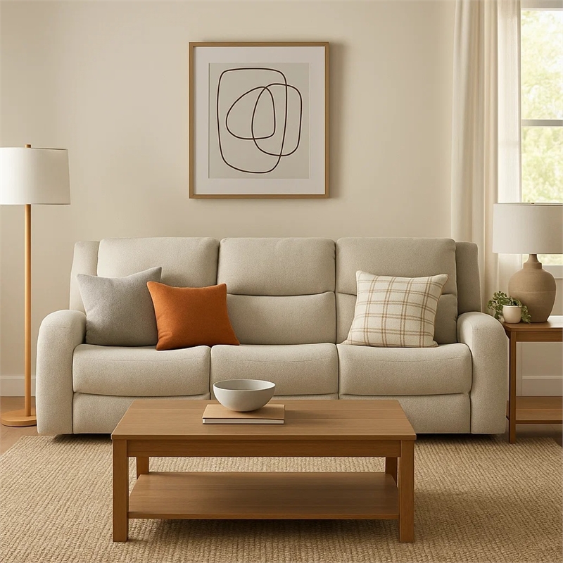Gira Manual Recliner Sofa with Contour Armrest- Solid Wood- 88 Inch- Beige