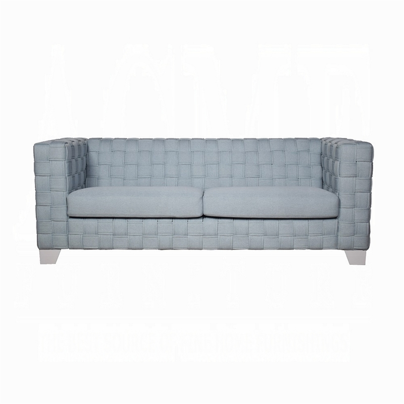 Reah Sofa- Knitted Light Blue Chenille- White Composite Wood- 85 Inch