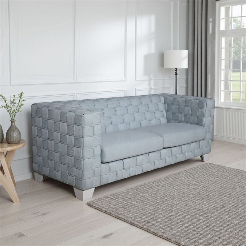 Reah Sofa- Knitted Light Blue Chenille- White Composite Wood- 85 Inch