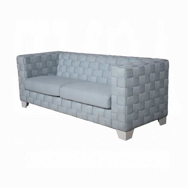 Reah Sofa- Knitted Light Blue Chenille- White Composite Wood- 85 Inch