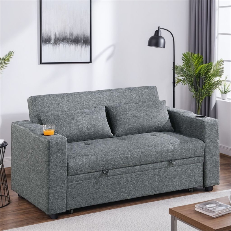 Soen Convertible Sofa w Pull Out Sleeper Bed- 2 Pillows- Slate Gray
