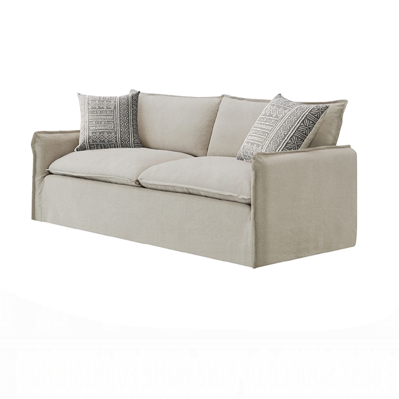 Savoir Sofa- 2 Accent Pillows- Contemporary Beige Linen Fabric 84 Inch