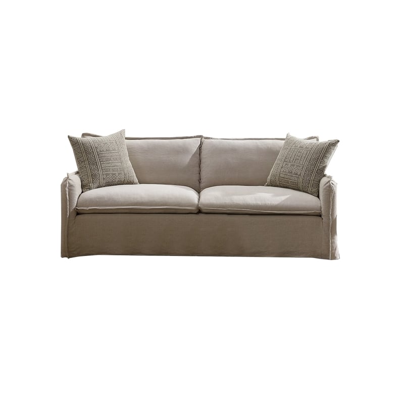 Savoir Sofa- 2 Accent Pillows- Contemporary Beige Linen Fabric 84 Inch
