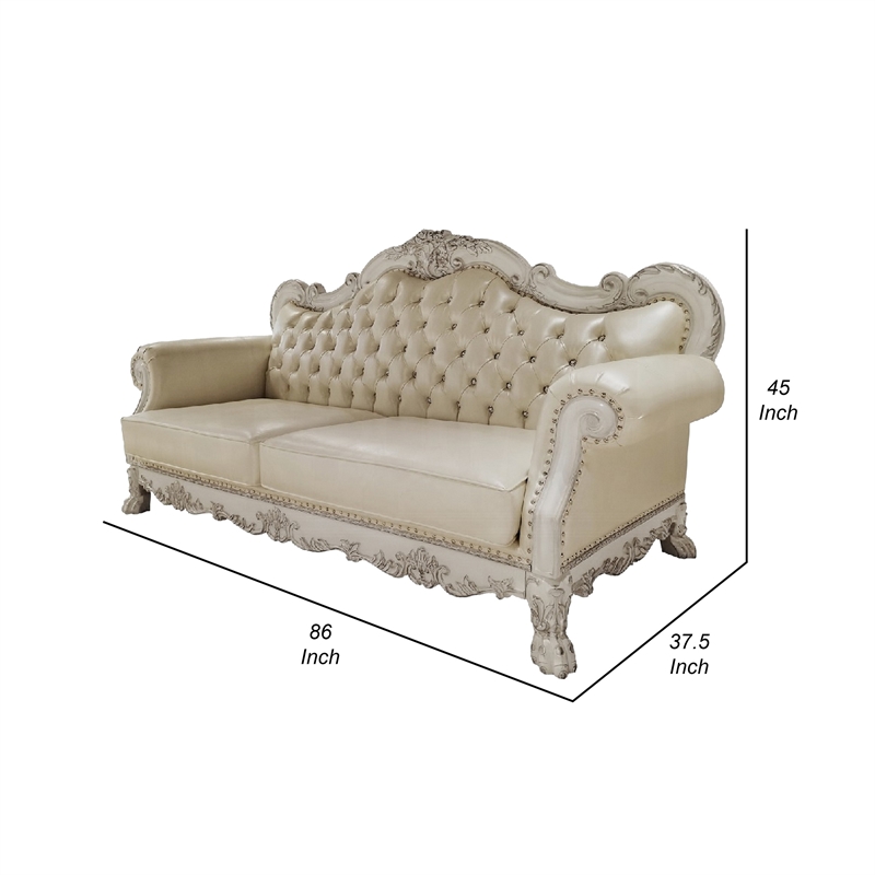 Ally Sofa- 4 Pillows- 86 Inch- Claw Feet- Vintage White Faux Leather