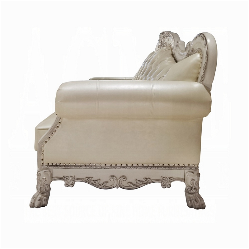 Ally Sofa- 4 Pillows- 86 Inch- Claw Feet- Vintage White Faux Leather