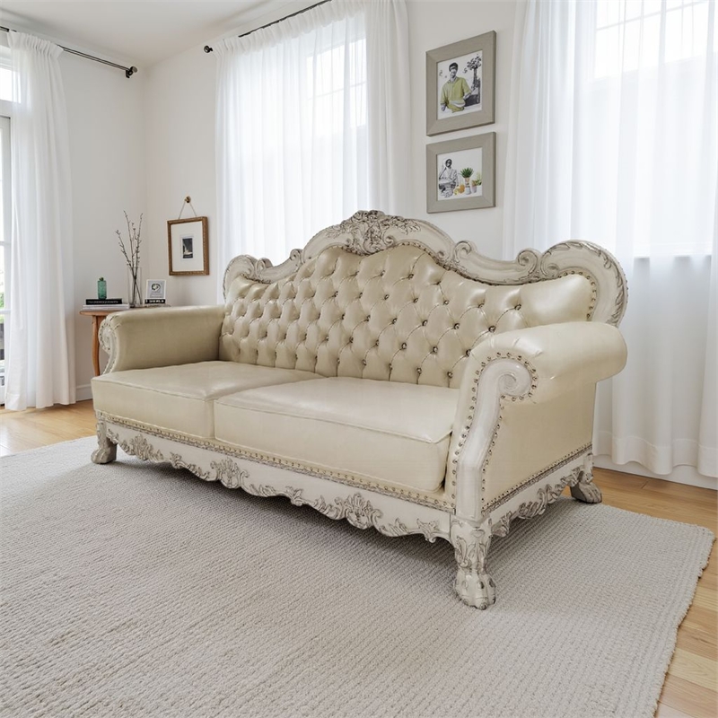 Ally Sofa- 4 Pillows- 86 Inch- Claw Feet- Vintage White Faux Leather