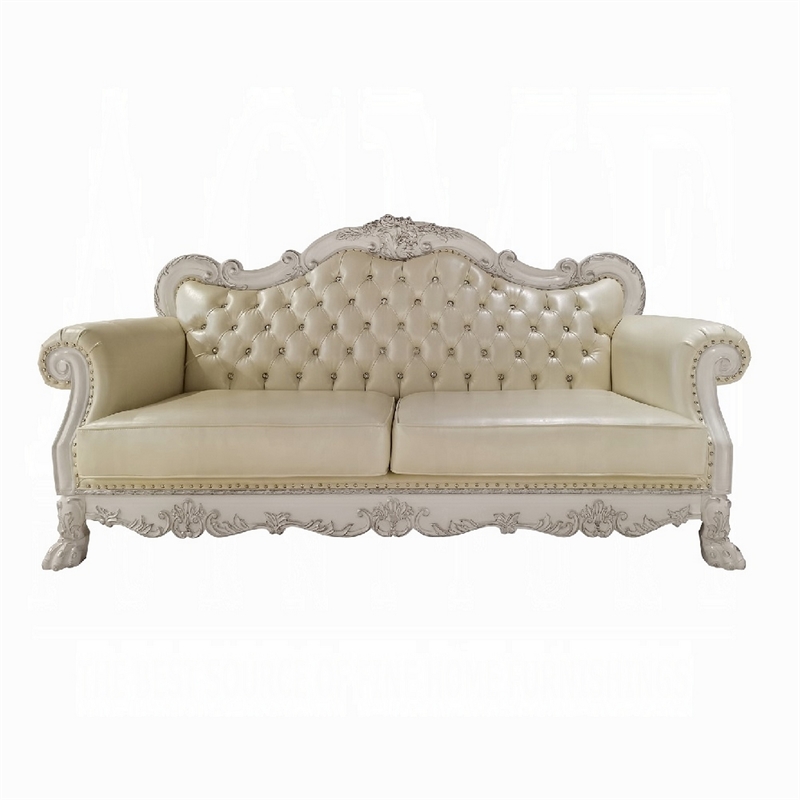 Ally Sofa- 4 Pillows- 86 Inch- Claw Feet- Vintage White Faux Leather
