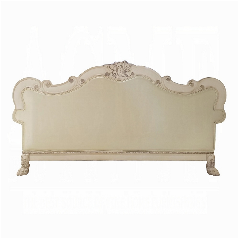 Ally Sofa- 4 Pillows- 86 Inch- Claw Feet- Vintage White Faux Leather