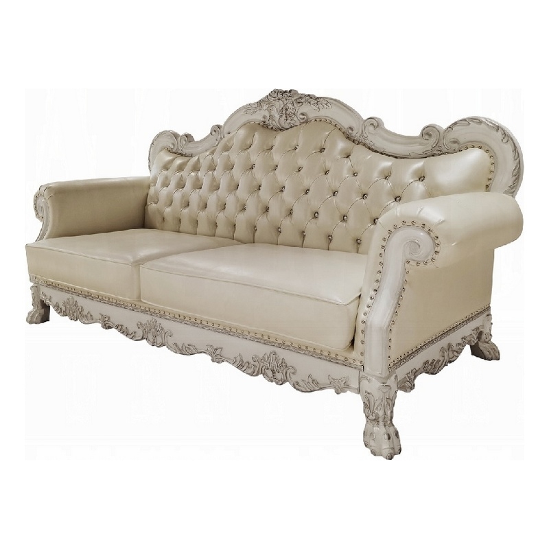 Ally Sofa- 4 Pillows- 86 Inch- Claw Feet- Vintage White Faux Leather