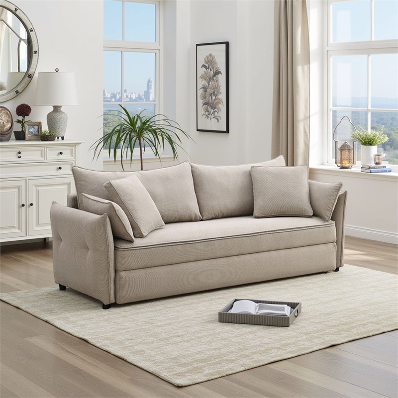 Leif Sofa with Full Size Pull Out Sleeper- 87 Inch Wood- Beige Fabric