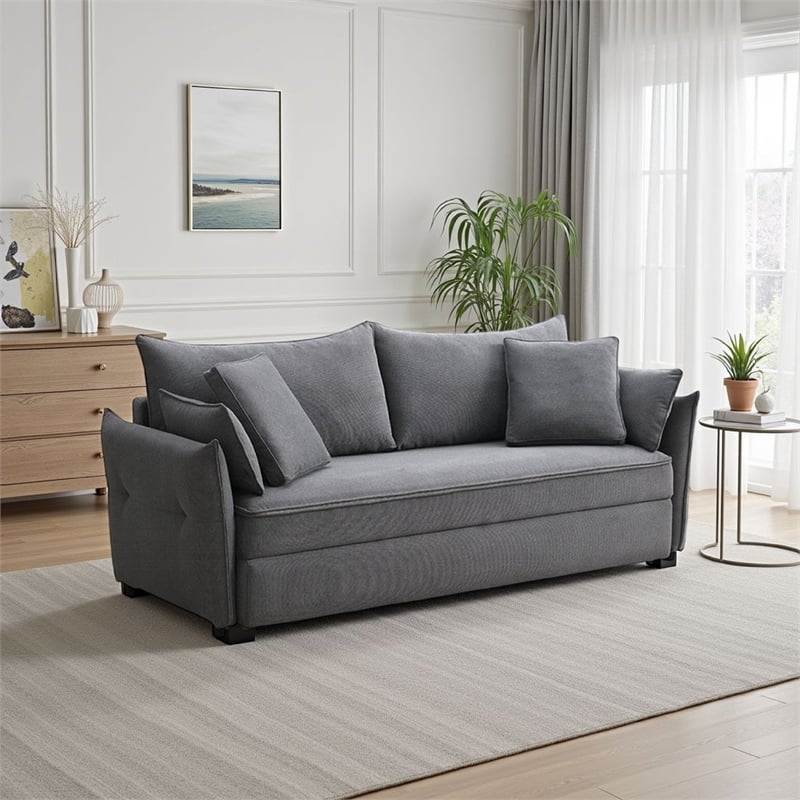 Leif Sofa with Full Size Pull Out Sleeper- 87 Inch Wood- Gray Fabric