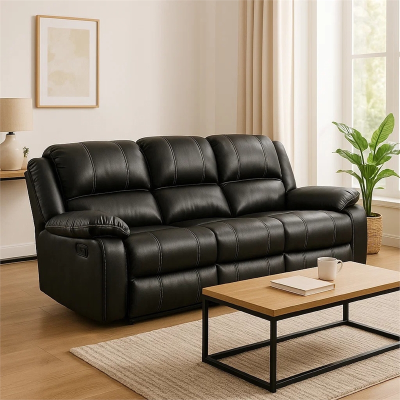 Zuru Motion Manual Recliner Sofa- 3 Seater- Plush Black Faux Leather
