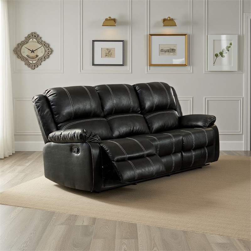 Zuru Motion Manual Recliner Sofa- 3 Seater- Plush Black Faux Leather