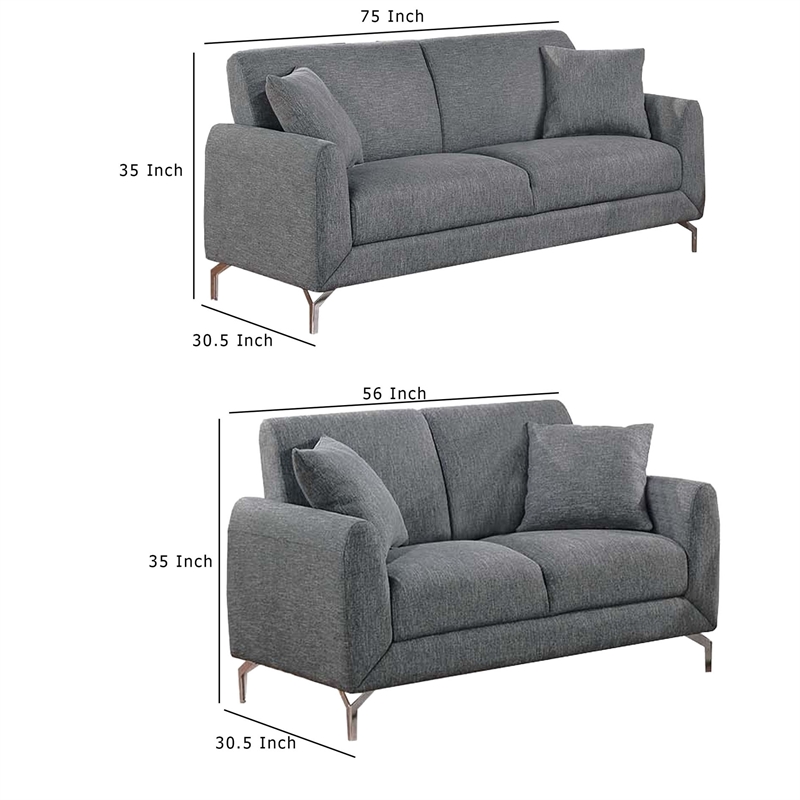 Rena 2pc Sofa and Loveseat Set- 2 Pillows- Dark Gray Burlap Fabric