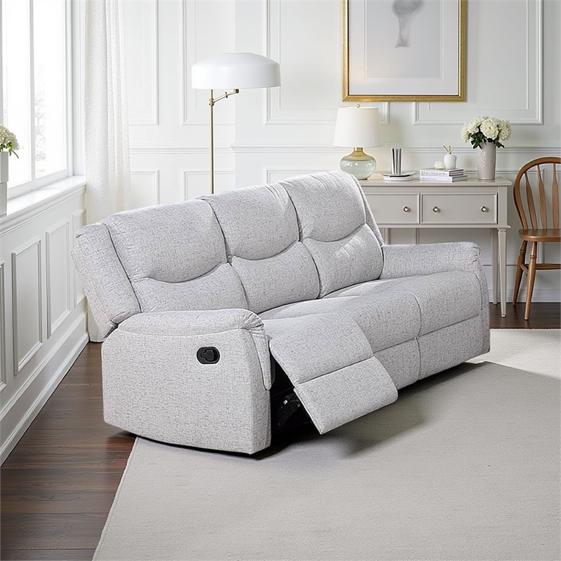 Ammy Manual Recliner Sofa- Pillow Arms- 75in Wood- White Faux Burlap