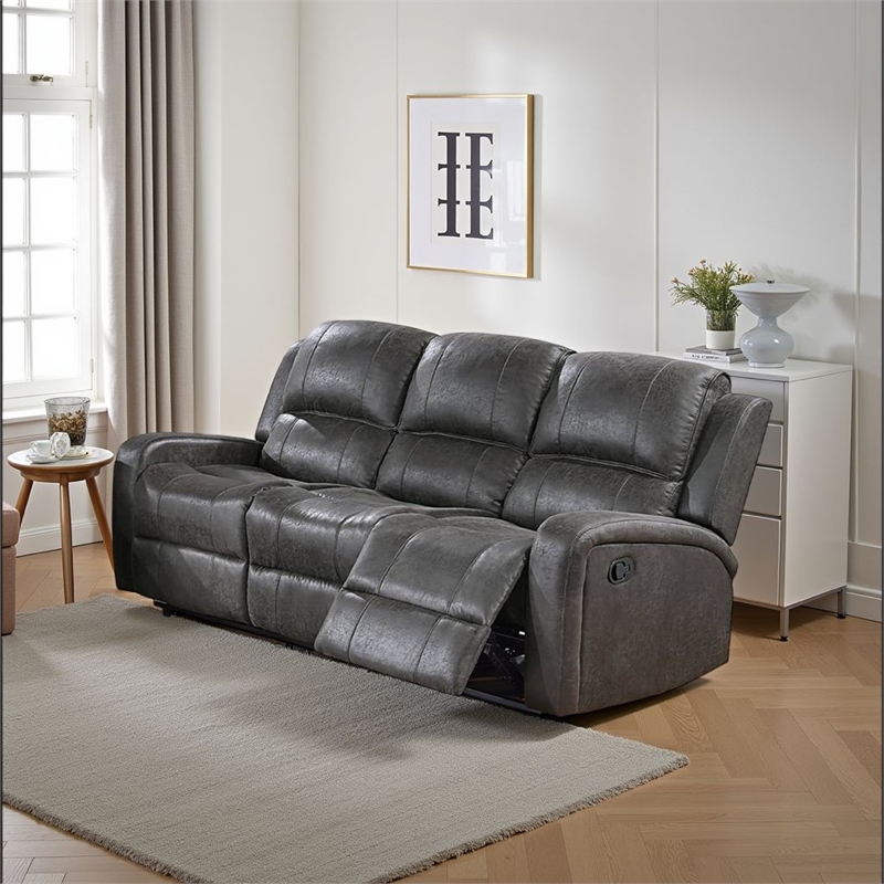 Charles Manual Recliner Sofa- Smoke Gray Faux Leather- Wood- 78 Inch