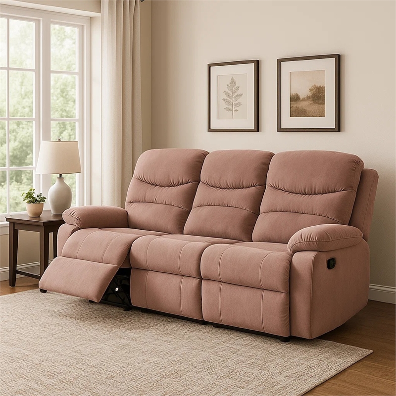 Karry Manual Recliner Sofa- Blush Pink Velvet- Solid Wood- 73 Inch
