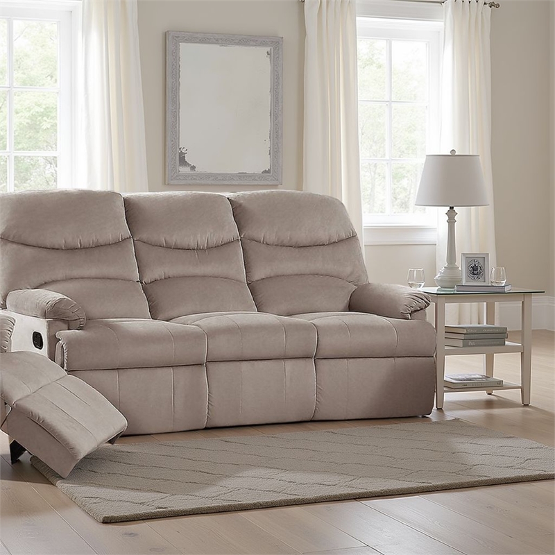 Karry Manual Recliner Sofa- Light Brown Velvet- 73 Inch Solid Wood