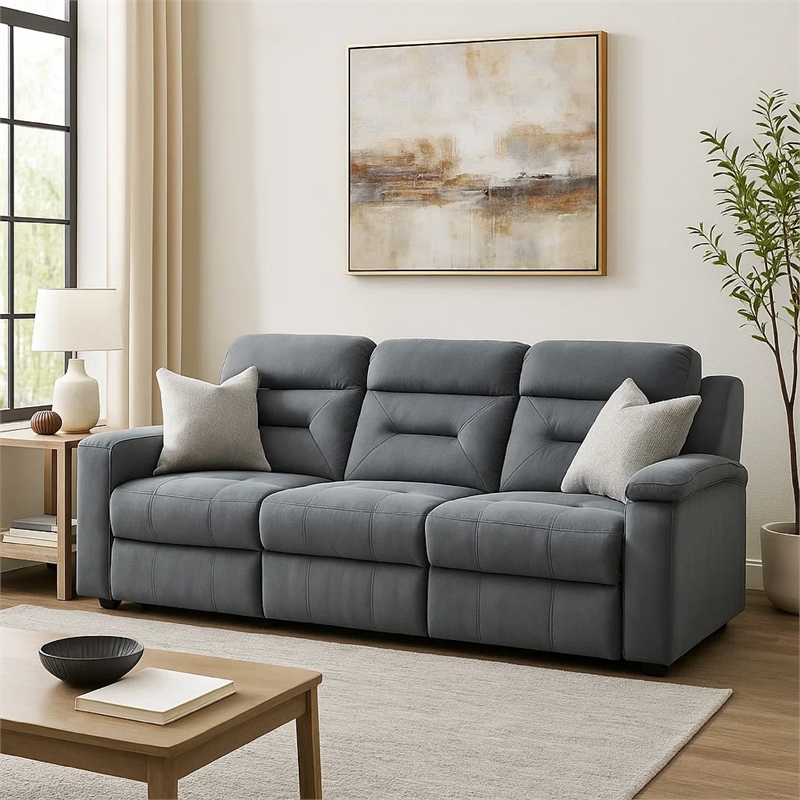 Niko Manual Recliner Sofa- Light Gray Velvet- Solid Wood- 83 Inch