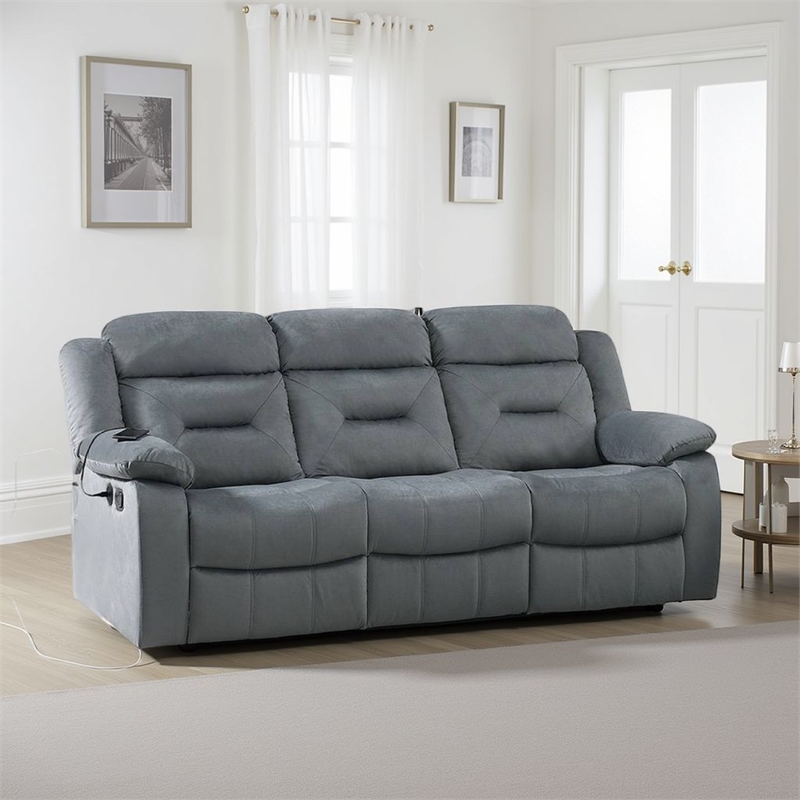 Niko Manual Recliner Sofa- Light Gray Velvet- Solid Wood- 83 Inch