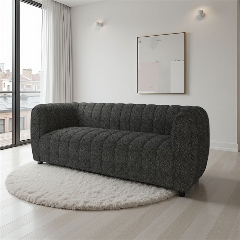 Hery Sofa- 83 Inch- Black Boucle- Vertical Channel Tufted Details