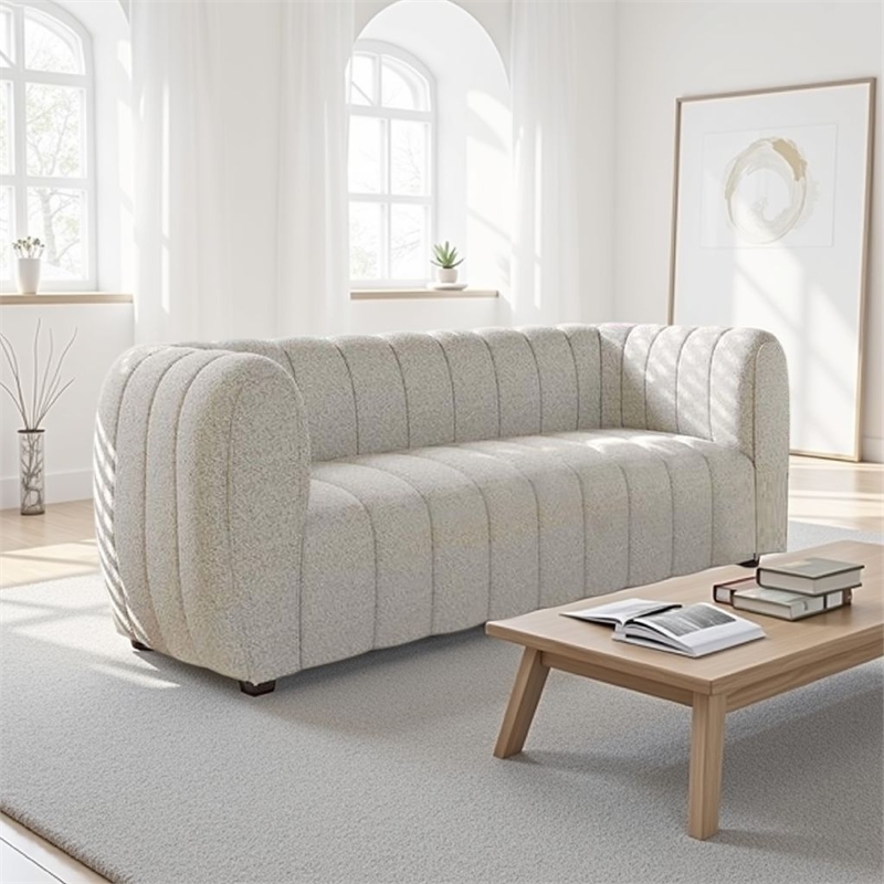 Hery Loveseat- 65 Inch- White Boucle- Vertical Channel Tufted Details