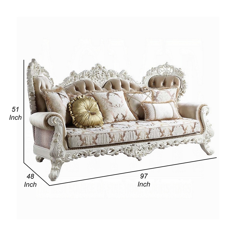 Kin Ornate Sofa- 7 Accent Pillows- Tufted Tan and Antique White