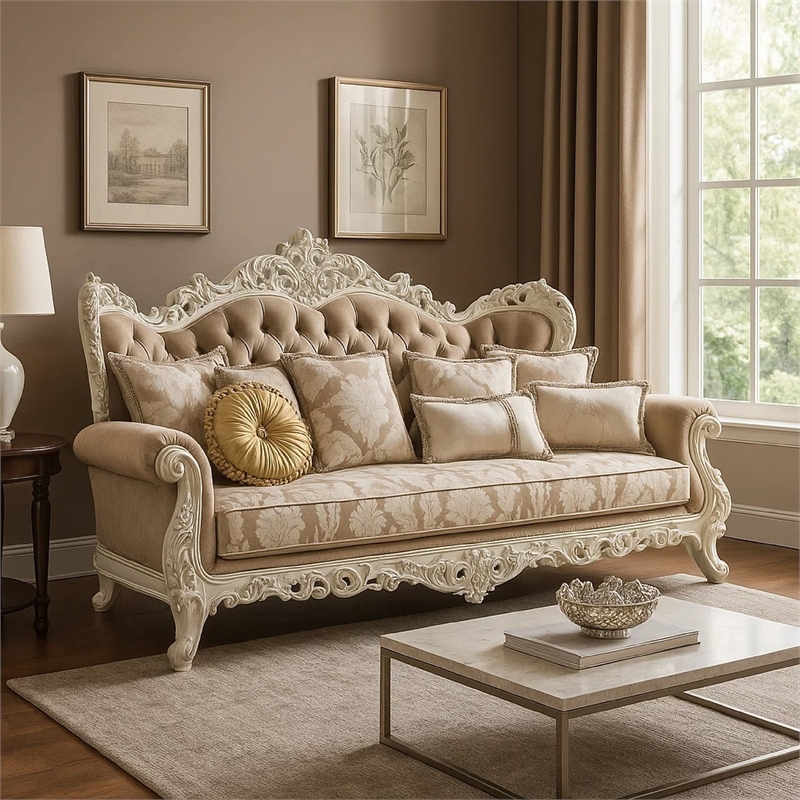Kin Ornate Sofa- 7 Accent Pillows- Tufted Tan and Antique White